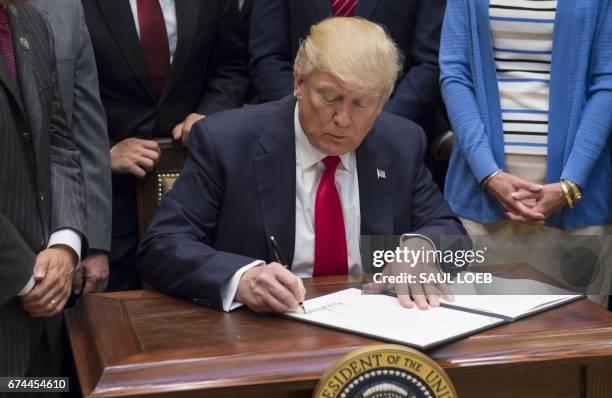 President Donald Trump signs an executive order on Implementing an America-First Offshore Energy Strategy after signing it in the Roosevelt Room of...