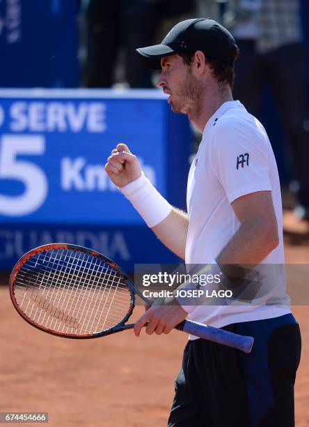 British tennis player Andy Murray gestures during a match against Spanish tennis player Albert Ramos during the ATP Barcelona Open "Conde de Godo"...