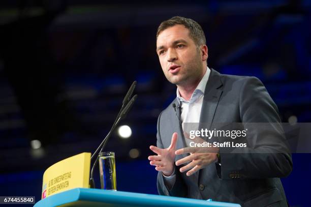 Head of FDP youth organization Young Liberals Konstantin Kuhle at the Federal Congress of FDP Political Party on April 28, 2017 in Berlin, Germany....