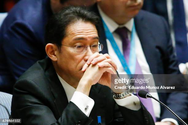 Japanese Foreign Minister Fumio Kishida attends a security council meeting on nonproliferation of North Korea at United Nations on April 28, 2017 in...