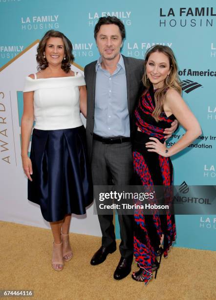 Stephanie Klasky-Gamer, Zach Braff and Blair Rich attend the LA Family Housing 2017 Awards at The Lot on April 27, 2017 in West Hollywood, California.