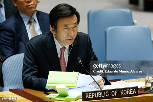 South Korean Foreign Minister Yun Byung Se speaks to members of the security council during a meeting on nonproliferation of North Korea at United...