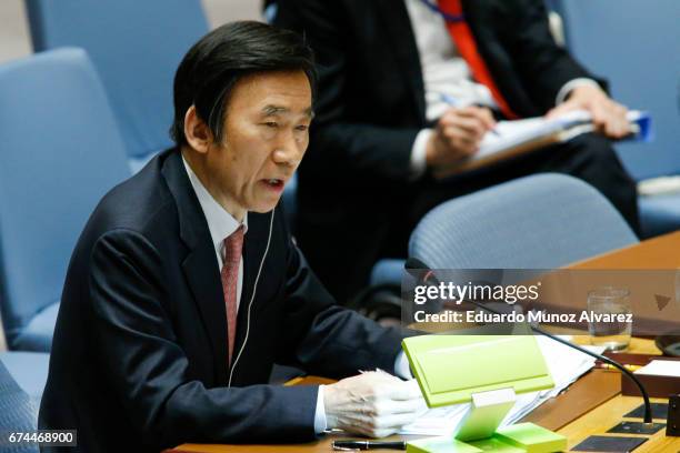 South Korean Foreign Minister Yun Byung Se speaks to members of the security council during a meeting on nonproliferation of North Korea at United...