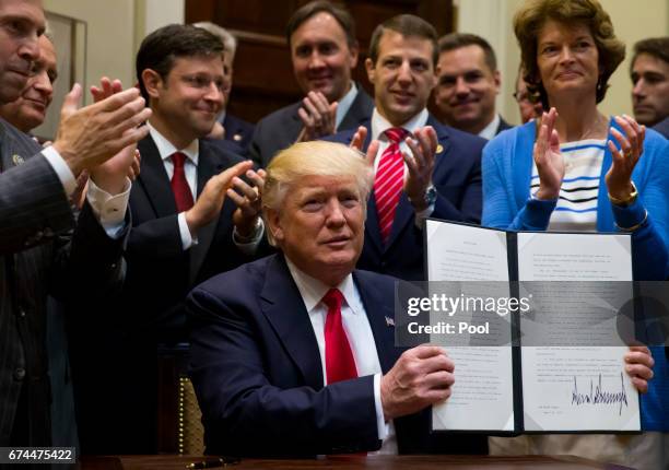 President Donald Trump signs an executive order on implementing an America-First Offshore Energy Strategy in the Roosevelt Room at The White House on...