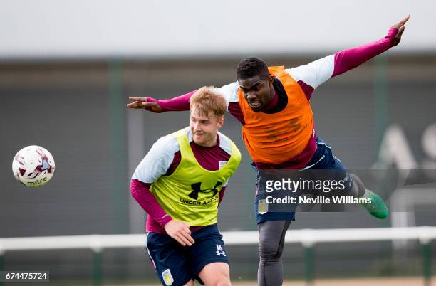 Michael Richards of Aston Villa in action during a training session at the club's training ground at Bodymoor Heath on April 28, 2017 in Birmingham,...