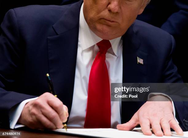 President Donald Trump signs an executive order on implementing an America-First Offshore Energy Strategy in the Roosevelt Room at The White House on...