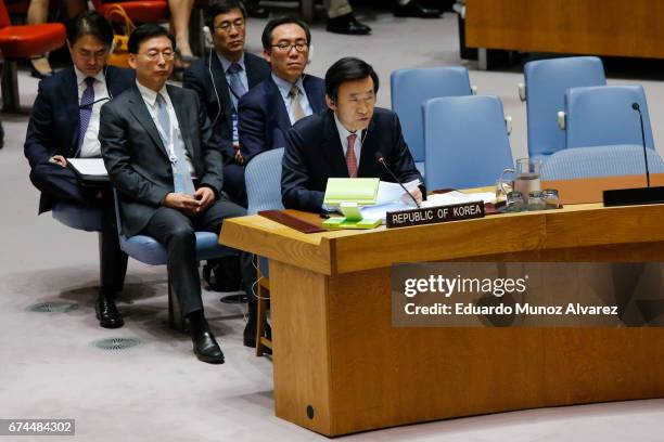 South Korean Foreign Minister Yun Byung Se speaks to members of the security council during a meeting on nonproliferation of North Korea at United...