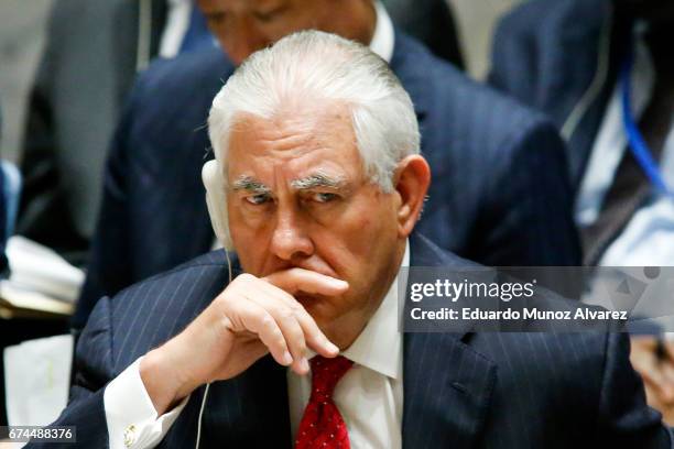 Secretary of State Rex Tillerson attend the security council meeting on nonproliferation of North Korea at United Nations on April 28, 2017 in New...