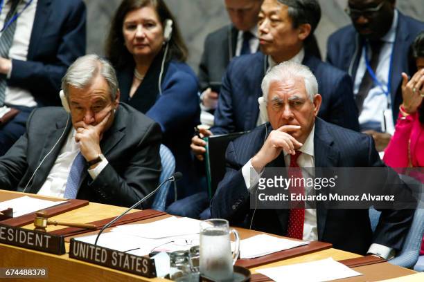 United Nations Secretary General Antonio Guterres and US Secretary of State Rex Tillerson attend the security council meeting on nonproliferation of...
