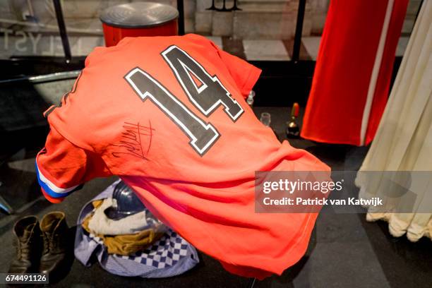 Shirt of Dutch soccer player Johan Cruyff at the exhibition in the Royal Palace that gives an overview of 50 years Netherlands with a combination of...