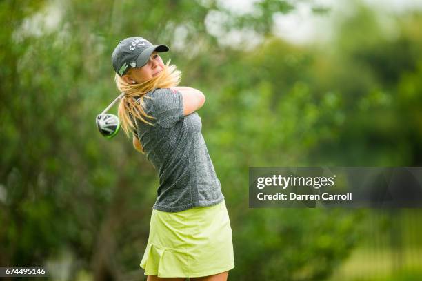 Stephanie Meadow of Northern Ireland plays a tee shot at the second hole during the second round of the Volunteers of America North Texas Shootout at...