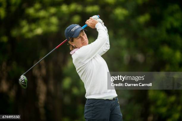 Catriona Matthew of Scotland plays her tee shot at the eighteenth hole during the second round of the Volunteers of America North Texas Shootout at...