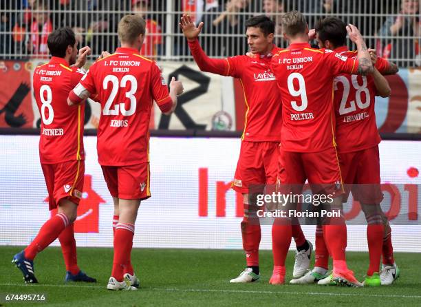 Stephan Fuerstner, Felix Kroos, Damir Kreilach, Sebastian Polter, Christopher Trimmel and Philipp Hosiner of 1 FC Union Berlin celebrate after...