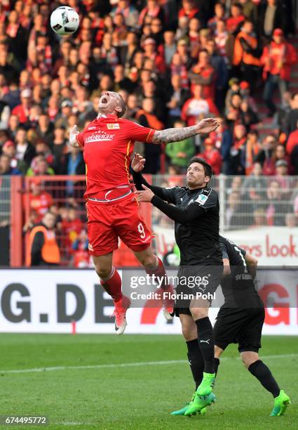 Sebastian Polter of 1.FC Union Berlin, Tim Kister and Marco Thiede of SV Sandhausen during the game between dem 1 FC Union Berlin and dem SV...