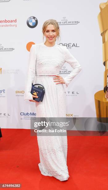 German actress Julia Dietze , wearing a dress by H&M, during the Lola - German Film Award red carpet arrivals at Messe Berlin on April 28, 2017 in...