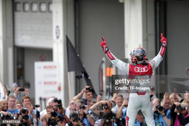 Edoardo Mortara celebrates winning the race drives during the race of the DTM 2016 German Touring Car Championship at Nuerburgring on Septembmber 10,...