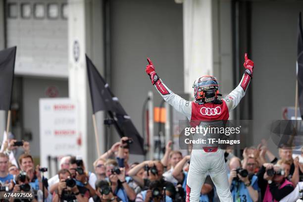 Edoardo Mortara celebrates winning the race drives during the race of the DTM 2016 German Touring Car Championship at Nuerburgring on Septembmber 10,...