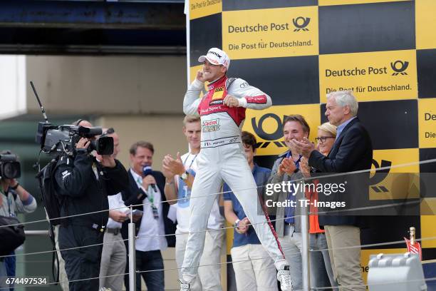 Edoardo Mortara celebrates winning the race drives during the race of the DTM 2016 German Touring Car Championship at Nuerburgring on Septembmber 10,...