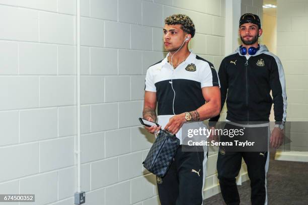 DeAndre Yedlin of Newcastle and Achraf Lazaar arrive to Cardiff City Stadium prior to kick off of the Sky Bet Championship match between Cardiff City...