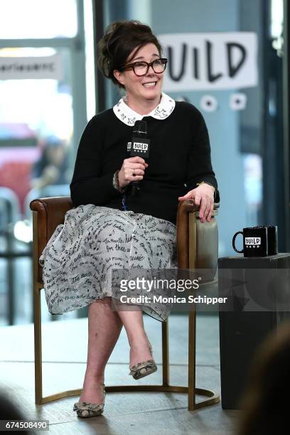 Kate Spade speaks on stage at Build Series Presents Kate Spade and Andy Spade Discussing Their Latest Project Frances Valentine at Build Studio on...