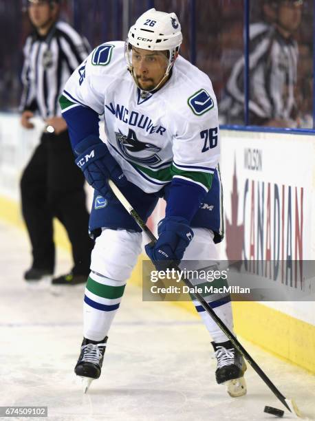 Emerson Etem of the Vancouver Canucks plays in the game against the Edmonton Oilers at Rexall Place on April 6, 2016 in Edmonton, Alberta, Canada.