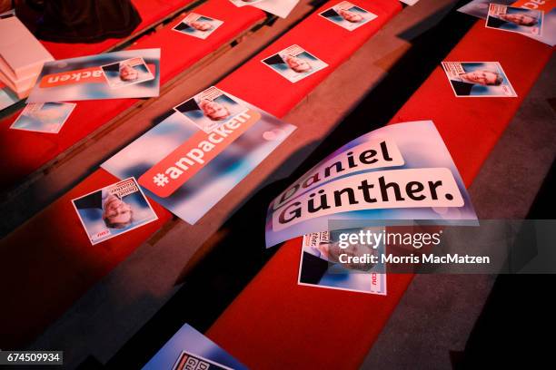 Campaingn material of local CDU lead candidate Daniel Guenther is seen during the opening CDU campaign rally for state elections in...