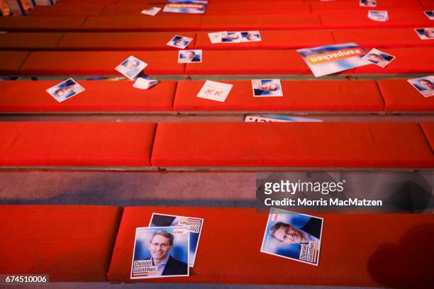 Campaingn material of local CDU lead candidate Daniel Guenther is seen during the opening CDU campaign rally for state elections in...