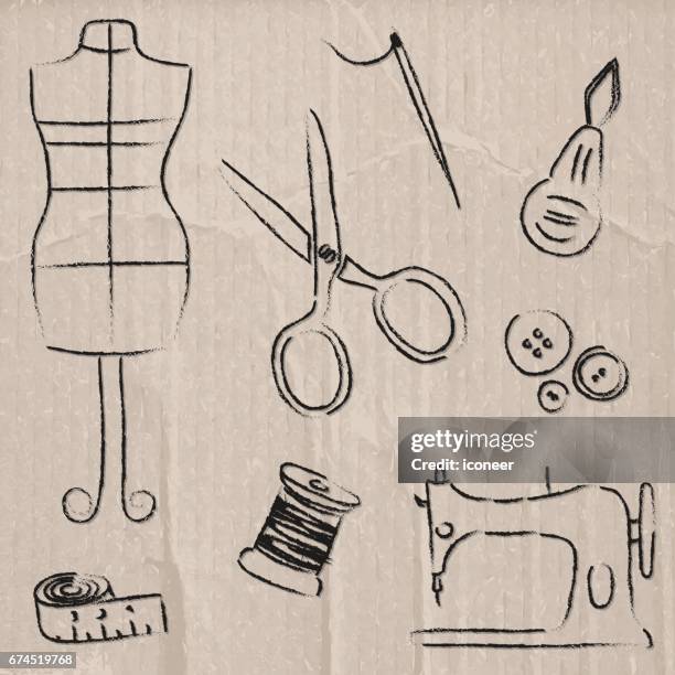 sewing cardboard wallpaper seamless pattern retro design - needle thread buttons stock illustrations