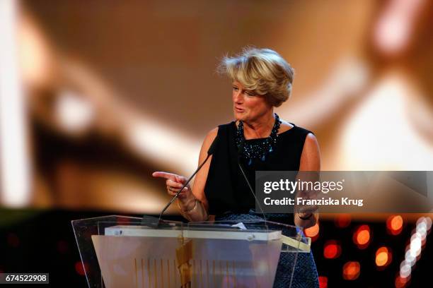 Monika Gruetters, Berlin's Minister of Culture speaking on stage at the Lola - German Film Award show at Messe Berlin on April 28, 2017 in Berlin,...