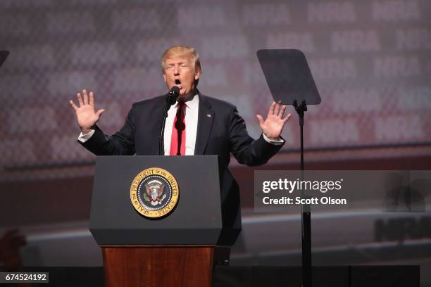 President Donald Trump speaks at the NRA-ILA's Leadership Forum at the 146th NRA Annual Meetings & Exhibits on April 28, 2017 in Atlanta, Georgia....