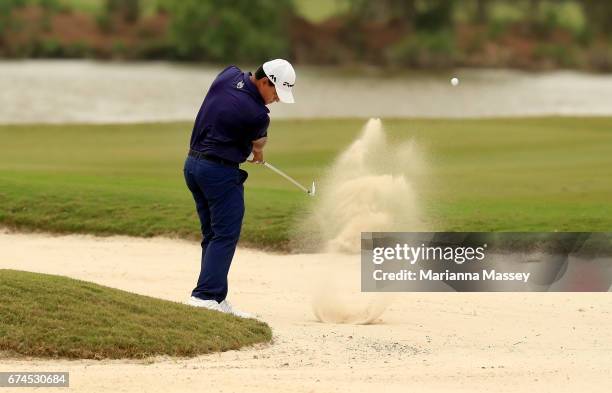 Fabian Gomez of Argentina plays his shot on the 16th hole during the second round of the Zurich Classic at TPC Louisiana on April 28, 2017 in...
