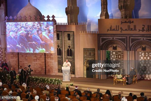 Pope Francis delivering a speech during a visit to the prestigious Sunni institution Al-Azhar in Cairo on April 28, 2017. Francis is in Egypt for a...