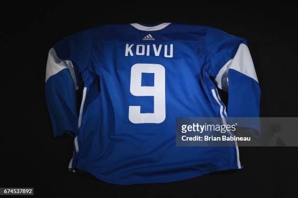 The back of Miko Koivu's World Cup of Hockey Team Finland jersey is seen at the Ford Center on January 27, 2016 in Nashville, Tennessee.