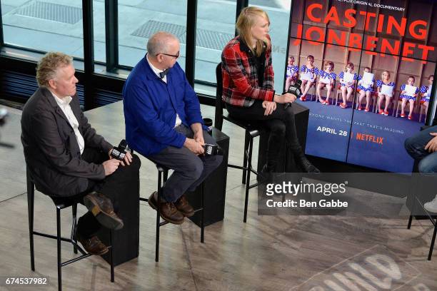 Producer Scott Macaulay with screenwriters James Schamus and Kitty Green during the Build Series discussing the film "Casting JonBenet" at Build...