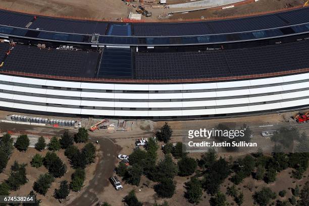 An aerial view of the new Apple headquarters on April 28, 2017 in Cupertino, California. Apple's new 175-acre 'spaceship' campus dubbed "Apple Park"...