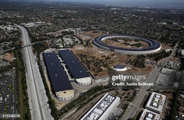 An aerial view of the new Apple headquarters on April 28, 2017 in Cupertino, California. Apple's new 175-acre 'spaceship' campus dubbed "Apple Park"...