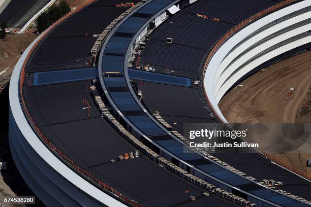 An aerial view of the new Apple headquarters on April 28, 2017 in Cupertino, California. Apple's new 175-acre 'spaceship' campus dubbed "Apple Park"...