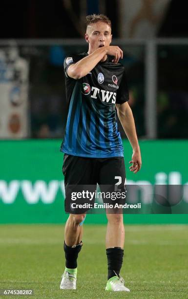 Andrea Conti of Atalanta BC celebrates after scoring the opening goal during the Serie A match between Atalanta BC and Juventus FC at Stadio Atleti...