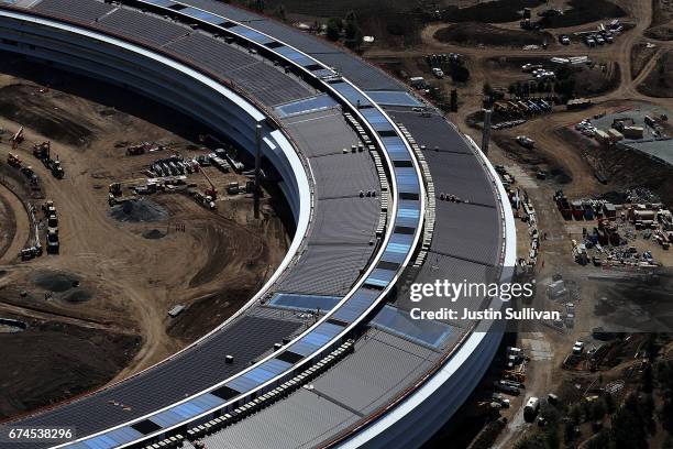 An aerial view of the new Apple headquarters on April 28, 2017 in Cupertino, California. Apple's new 175-acre 'spaceship' campus dubbed "Apple Park"...