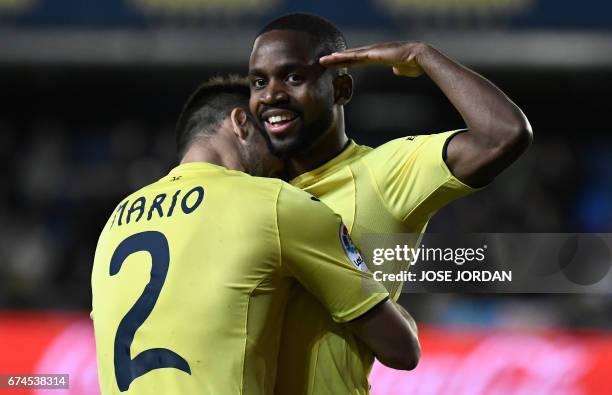 Villarreal's Congolese forward Cedric Bakambu celebrates a goal during the Spanish league football match Villarreal CF vs Real Sporting de Gijon at...