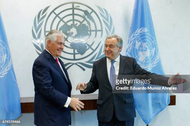 Secretary of State Rex Tillerson and United Nations Secretary General Antonio Guterres before a meeting at the UN headquarters on April 28, 2017 in...