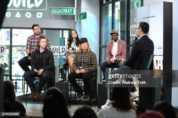 Journalist Jay Bahadur, Kiana Madani, Barkhad Abdi, Evan Peters and director Brian Buckley attend the Build Series to discuss the new film 'Dabka' at...