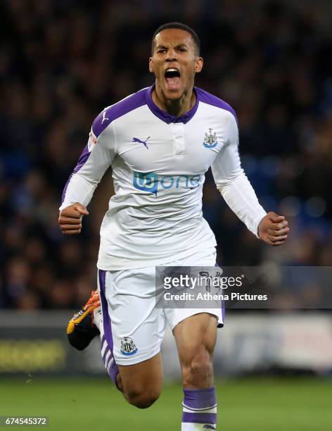 Isaac Hayden of Newcastle United celebrates scoring his sides second goal of the match during the Sky Bet Championship match between Cardiff City and...