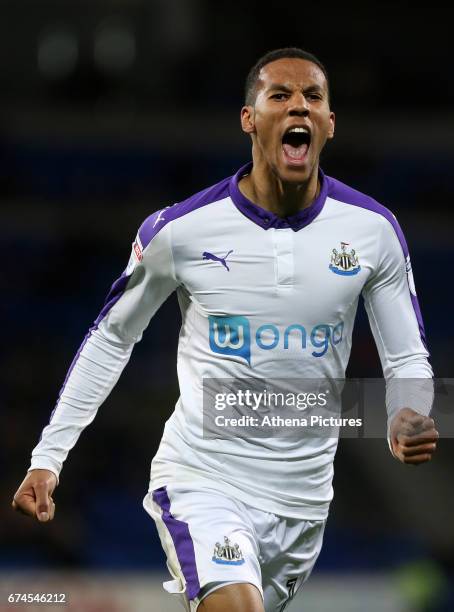 Isaac Hayden of Newcastle United celebrates scoring his sides second goal of the match during the Sky Bet Championship match between Cardiff City and...