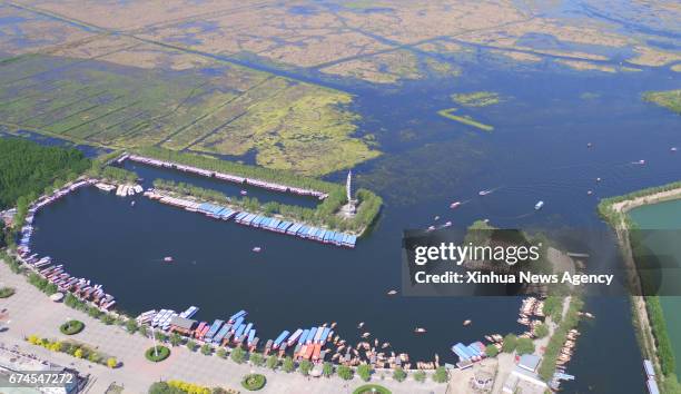 April 27, 2017 -- Aerial photo taken on April 27, 2017 shows the scenery of Baiyangdian, one of the largest freshwater wetlands in north China, in...