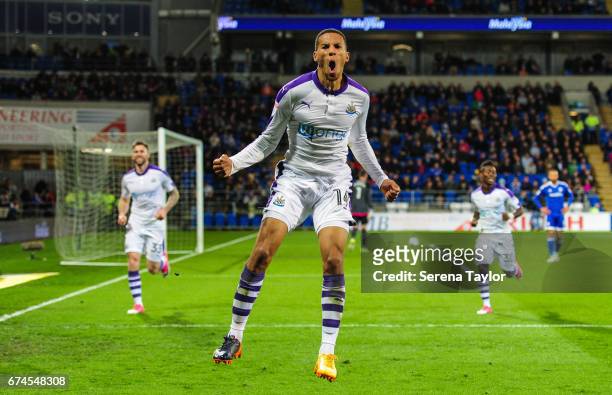 Isaac Hayden of Newcastle United celebrates after he scores Newcastle's second goal during the Sky Bet Championship match between Cardiff City and...