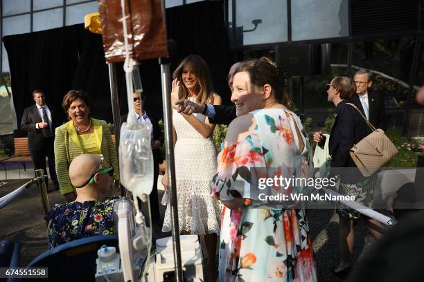 First lady Melania Trump waves goodbye after speaking at the Children's National Health System April 28, 2017 in Washington, DC. Trump spoke a the...