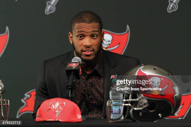 First round pick O. J. Howard of Alabama speaks to the media during the O. J. Howard 1st Round Draft Pick Press Conference on April 28, 2017 at One...