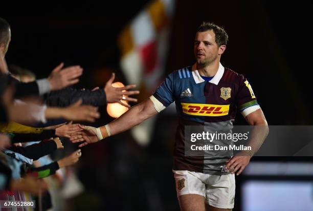 Nick Evans of Harlequins thanks the supporters after his final home game following the Aviva Premiership match between Harlequins and Wasps at...