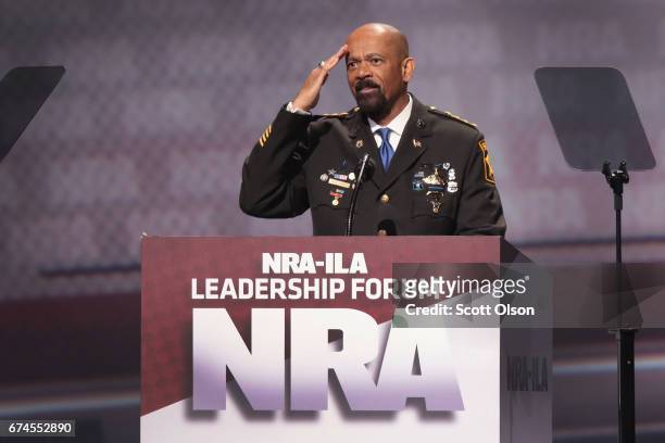 David Clarke Jr., sheriff of Milwaukee County, Wisconsin, speaks at the NRA-ILA's Leadership Forum at the 146th NRA Annual Meetings & Exhibits on...